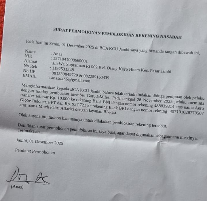 Korban Penipuan Modus GarudaMiles di Jambi Pastikan Tempuh Jalur Hukum Lengkap, Peluang Pelaku Lolos Disebut Nyaris Mustahil